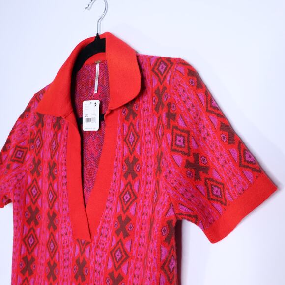 FREE PEOPLE NWT Kitt Mini Sweater Dress Red Printed Short Sleeve Women's XS - Picture 5 of 11
